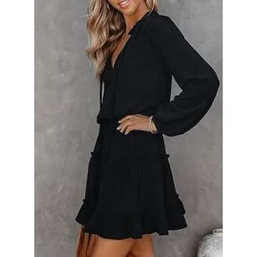 Dokotoo Womens Cute Spring Casual Sexy Deep V Neck Ruffle Chiffon Lantern Long Sleeve Elegant Empire Waist Flowy Mini Short Skirt Dresses for Women Party 2024 Black Small