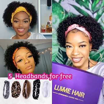 LUVME HAIR 8 Inch Curly Headband Wig Human Hair Kinky Curly Wig Short Bob Wig Short Curly Wigs for B...