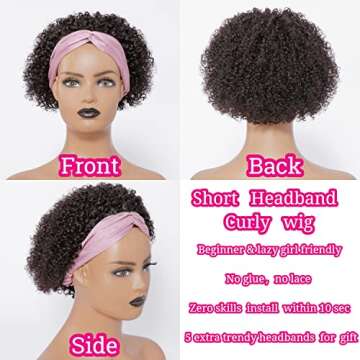 LUVME HAIR 8 Inch Curly Headband Wig Human Hair Kinky Curly Wig Short Bob Wig Short Curly Wigs for Black Women Natural Black