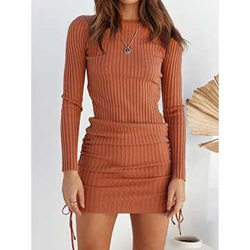 OWIN Women's Long Sleeve Ribbed Knit Casual Bodycon Mini Dress in Orange L