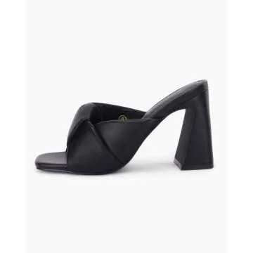 Coutgo Womens Chunky Heeled Mules Puffy Knot Square Open Toe Slip On Sandals Summer Evening Party Prom Shoes, Black, Size 11