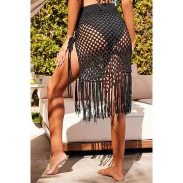 ZAFUL Women's Crochet Bikini Cover Up Skirt Tassel Elastic Waist Drawstring Knit Hollow Out Swimsuit Beachwear