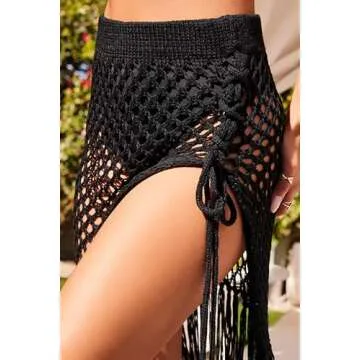 ZAFUL Women's Crochet Bikini Cover Up Skirt Tassel Elastic Waist Drawstring Knit Hollow Out Swimsuit Beachwear