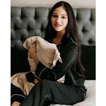 Samring Womens Silk Satin Pajamas Set Two-piece Pj Sets Sleepwear Loungewear Button-Down Pj Sets Black S