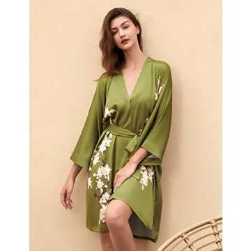 BABEYOND Kimono Robe Cover up Short Satin Floral Silky Kimono Blouse Loose Bachelorette Party Robe