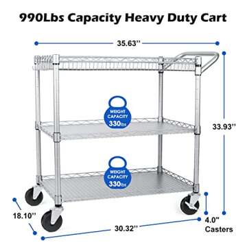 WDT 990Lbs Capacity Heavy Duty Rolling Utility Cart, NSF Rolling Carts with Wheels,Commercial Grade Metal Cart with Handle Bar & Shelf Liner,Trolley Serving Cart for Restaurant,Kitchen,Gray