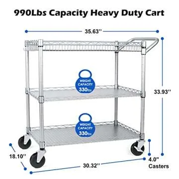 WDT 990Lbs Capacity Heavy Duty Rolling Utility Cart, NSF Rolling Carts with Wheels,Commercial Grade Metal Cart with Handle Bar & Shelf Liner,Trolley Serving Cart for Restaurant,Kitchen,Gray