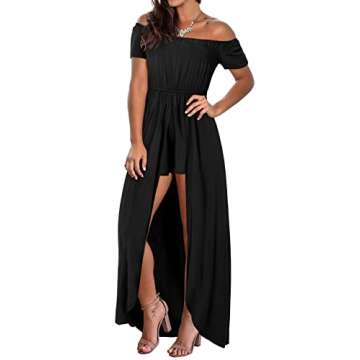BIUBIU Women's Off Shoulder Floral Rayon Party Split Maxi Romper Dress Long Summer Flowy Party Dress 2024 (Solid-Black,XXL)