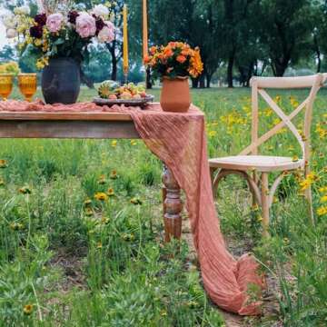 DOLOPL Dusty Rose Cheesecloth Table Runner for Bridal Shower Decorations 13.3ft Boho Gauze Cheese Cloth Table Runner Rustic Sheer Runner 160inch Long for Wedding Decorations Party Table Decorations