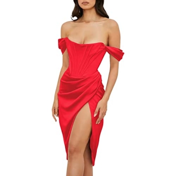 Womens Off Shoulder Split Corset Satin Dress Strapless High Slit Bodycon Ruched Cocktail Party Dress...