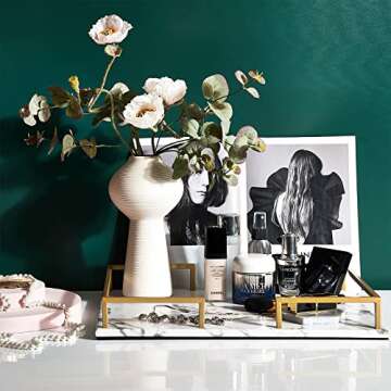 PuTwo Decorative Tray, Perfume Tray, Marble Print PU Leather Tray with Copper-Color Metal Handles, Handmade Vanity Tray, Jewellery Tray, Catchall Tray, Trinket Tray for Dresser Bathroom Vanity Table