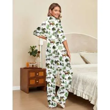 Ekouaer Silk Satin Pajamas Set Women Short Sleeve Pj Sets Button Down Sleepwear 2 Piece Soft Loungewear,White Animal,L