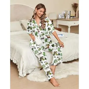 Ekouaer Silk Satin Pajamas Set Women Short Sleeve Pj Sets Button Down Sleepwear 2 Piece Soft Loungewear,White Animal,L
