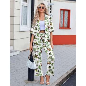 Ekouaer Silk Satin Pajamas Set Women Short Sleeve Pj Sets Button Down Sleepwear 2 Piece Soft Loungewear,White Animal,L