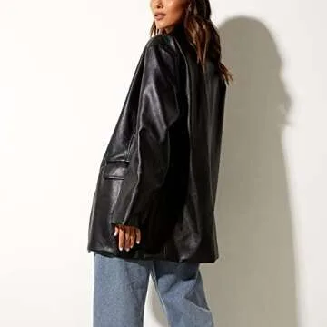 Amiblvowa Womens Faux Leather Jacket Shacket Long Sleeve Button Lapel Blazer Coat PU Vintage Loose Oversized Outwear Shirt, Black
