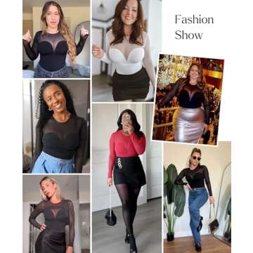 Popilush Shapewear Mesh Bodysuit for Women Tummy Control Long Sleeve Sheer Red Bodysuits Womens Goin...