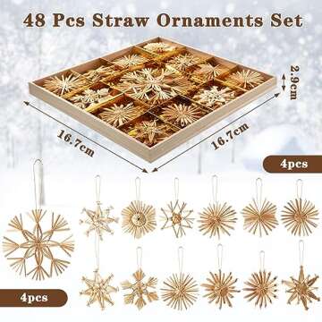 Gerrii 48 Pcs Straw Ornaments Set Scandinavian Christmas Decorations Including Stars Snowflakes Hear...