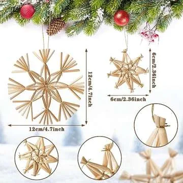 Gerrii 48 Pcs Straw Ornaments Set Scandinavian Christmas Decorations Including Stars Snowflakes Hearts Angel Wreath Goats/Julbuck for Danish Norwegia Nnordic Christmas Tree (Novel Snowflake)