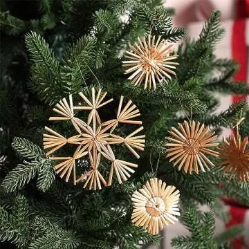 Gerrii 48 Pcs Straw Ornaments Set Scandinavian Christmas Decorations Including Stars Snowflakes Hearts Angel Wreath Goats/Julbuck for Danish Norwegia Nnordic Christmas Tree (Novel Snowflake)