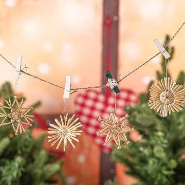 Gerrii 48 Pcs Straw Ornaments Set Scandinavian Christmas Decorations Including Stars Snowflakes Hearts Angel Wreath Goats/Julbuck for Danish Norwegia Nnordic Christmas Tree (Novel Snowflake)