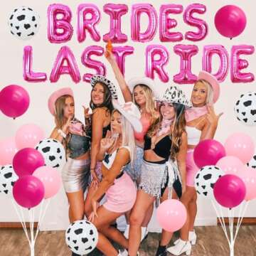 Hot Pink Brides Last Ride Nashville Bachelorette Party Decorations Western Themed Bachelorette Party Decorations for Cowgirl Bachelorette Brides Last Ride Cow Printing Balloons Cow Pennant Flags