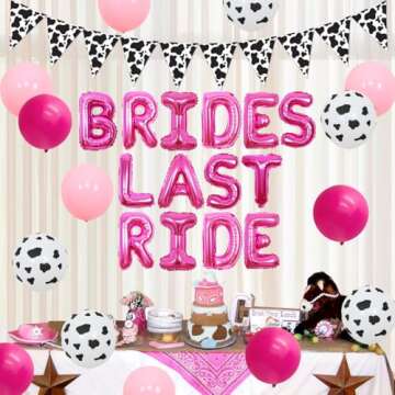 Hot Pink Brides Last Ride Nashville Bachelorette Party Decorations Western Themed Bachelorette Party Decorations for Cowgirl Bachelorette Brides Last Ride Cow Printing Balloons Cow Pennant Flags