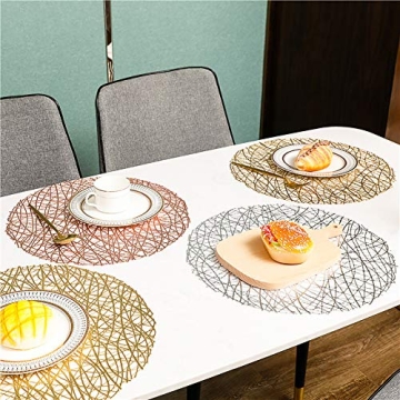 AdasBridal Gold Round Placemats for Dinner Table Set of 6 Metallic Hollow Out Line Circle Table Mats Vinyl Place Mats for Table Decor Wedding Accent Centerpiece