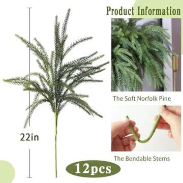 MIZII Christmas Decorations 12Pcs Artificial Norfolk Pine Branches 22in Faux Greenery Stems Real Tou...