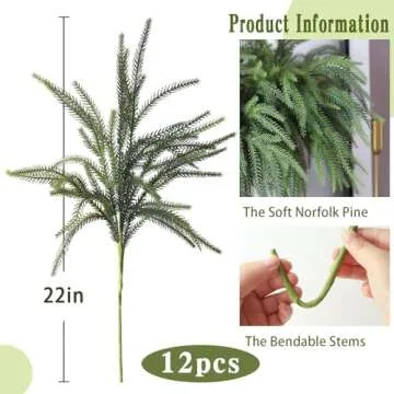 MIZII Christmas Decorations 12Pcs Artificial Norfolk Pine Branches 22in Faux Greenery Stems Real Tou...