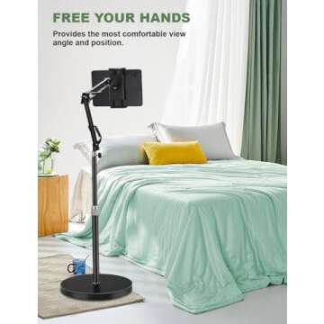 Tablet Floor Stand, Overhead Bed Phone Stand with 12 lb Super Stable Base & Angle/Height Adjustable,...