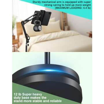 Tablet Floor Stand, Overhead Bed Phone Stand with 12 lb Super Stable Base & Angle/Height Adjustable, Compatible with 4.5''-13'' iPhone, iPad Pro 12.9, Galaxy Tab, Kindle, Phones