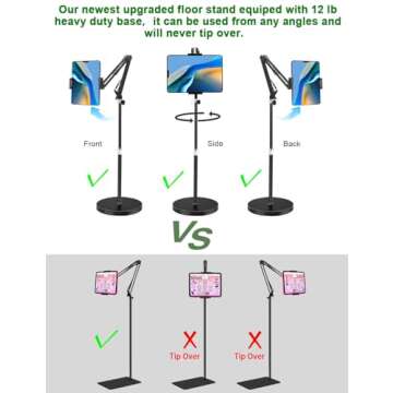 Tablet Floor Stand, Overhead Bed Phone Stand with 12 lb Super Stable Base & Angle/Height Adjustable, Compatible with 4.5''-13'' iPhone, iPad Pro 12.9, Galaxy Tab, Kindle, Phones