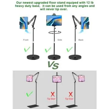 Tablet Floor Stand, Overhead Bed Phone Stand with 12 lb Super Stable Base & Angle/Height Adjustable, Compatible with 4.5''-13'' iPhone, iPad Pro 12.9, Galaxy Tab, Kindle, Phones
