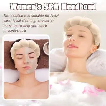 Zkptops Spa Headband for Women Sponge Makeup Skincare Headband Washing Face Wristband Set Terry Cloth Bubble Soft Get Ready Hairband Puffy Padded Headwear Non Slip Thick Hair Accessory(Beige)