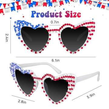 JUSTOTRY 2Pcs 4th of July Sunglasses, Red White and Blue Heart Shaped Glasses with Rhinestone Patrio...