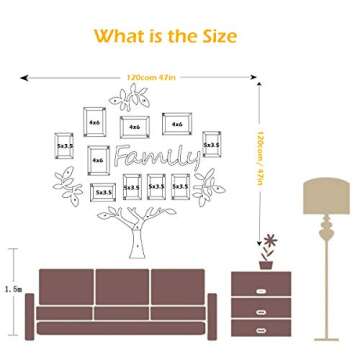 Vaabee Family Tree Wall Decor Acrylic 3D DIY Stickers Picture Frame Collage Home Decorations for Living Room Bedroom Kitchen Dining Office New House Gifts Black Large 47x47 Inch