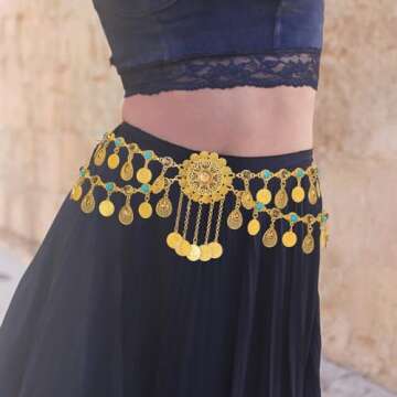 Navoky Crystal Boho Body Chain Gold Coin Pendant Waist Chains Belts Layered Tassel Beads Belly Chains Beach Waist Charm Jewelry Accessories for Women