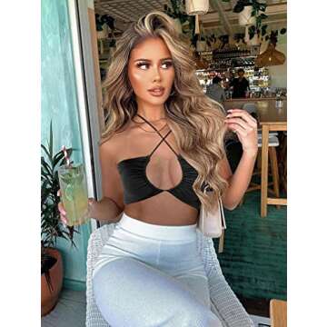 TOB Women's Sexy Criss Cross Lace Up Sling Basic Bow Tie Crop Top Black