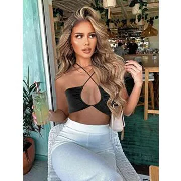 TOB Women's Sexy Criss Cross Lace Up Sling Basic Bow Tie Crop Top Black