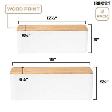 Iron Forge Cable Cable Management Box, 2 Pack - White Cord Organizer with Wood Top - Hider for Wires...