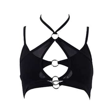 Women's Mesh Sexy Chain Crop Top Bra Backless Halter Crisscross Sleeveless See Through Vest T Shirt with O Ring