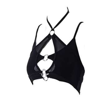 Women's Mesh Sexy Chain Crop Top Bra Backless Halter Crisscross Sleeveless See Through Vest T Shirt with O Ring