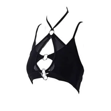 Women's Mesh Sexy Chain Crop Top Bra Backless Halter Crisscross Sleeveless See Through Vest T Shirt with O Ring