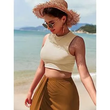 ZAFUL Women's Summer Two Piece Outfits Crop Tops and Slit Draped Ruched Maxi Skirt Set Tank Dress Sets Beach Cover Ups (B-Beige & Coffee, S)