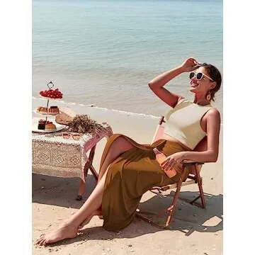 ZAFUL Women's Summer Two Piece Outfits Crop Tops and Slit Draped Ruched Maxi Skirt Set Tank Dress Sets Beach Cover Ups (B-Beige & Coffee, S)