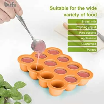 btrfe Baby Food Storage Container - 1.5oz x 12 Pods Silicone Freezer Tray with Lid for Homemade Baby Food, Fruit Purees, Vegetable & Breast Milk (Orange)