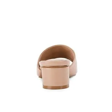 Coutgo Women's Slide Sandals Square Open Toe Slip on Comfortable Mules Block Low Heel Metal Chain Dressy Shoes,Light Khaki,Size 10