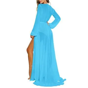 Women's Light Blue Sexy Long Sleeve Swimsuit Swim Bathing Beach Wear Cover Up Dress M