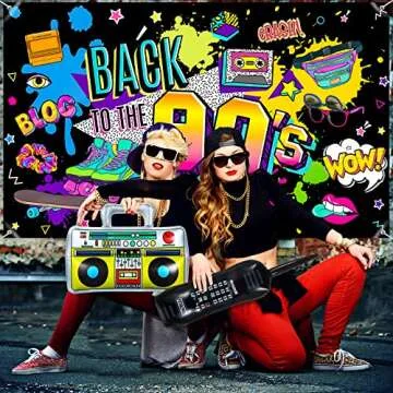 90's Party Decorations Back to The 80s 90s Banner Hip Hop Backdrop with Inflatable Radio Boombox Inflatable Mobile Phone Balloons for 80s 90s Party Themed Photo Booth Background Party Supplies