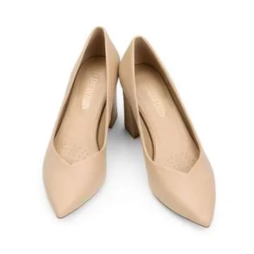 DREAM PAIRS Women’s High Chunky Closed Toe Block Heels Pointed Toe Wedding Party Elegant Slip On Pumps Shoes,Size 7.5,Nude/PU,SDPU2229W